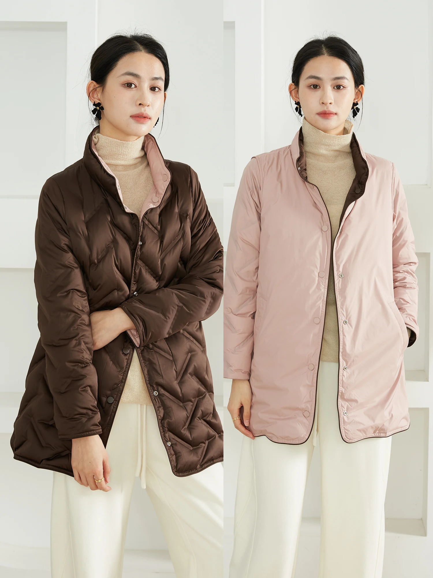 

Double-Sided Wearable Lightweight Padded Jaet Goose down Stand Collar Sed Eming 95% White Goose down Winter Coat