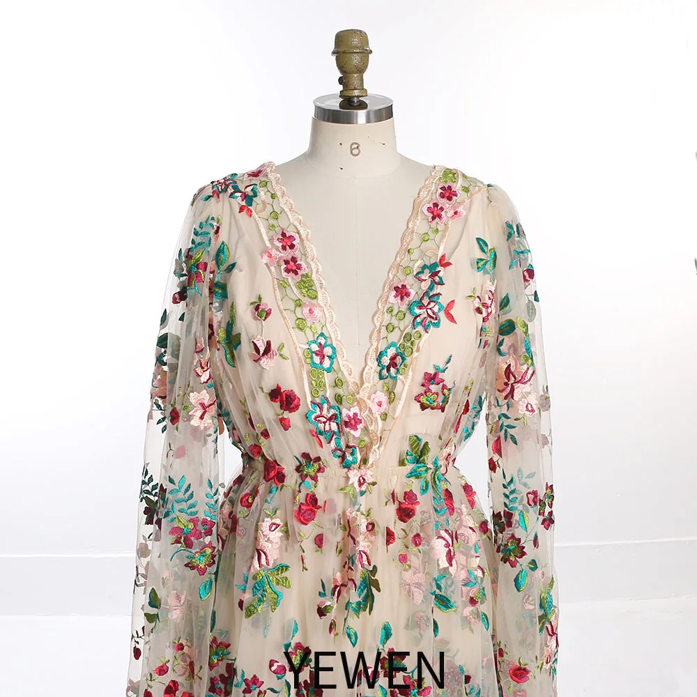 V-Ausschnitt, lange Ärmel, Blumenstickerei, Spitze, maßgeschneiderte Anlasskleider für besondere Anlässe, Kleid für schwangere Frauen YW231000