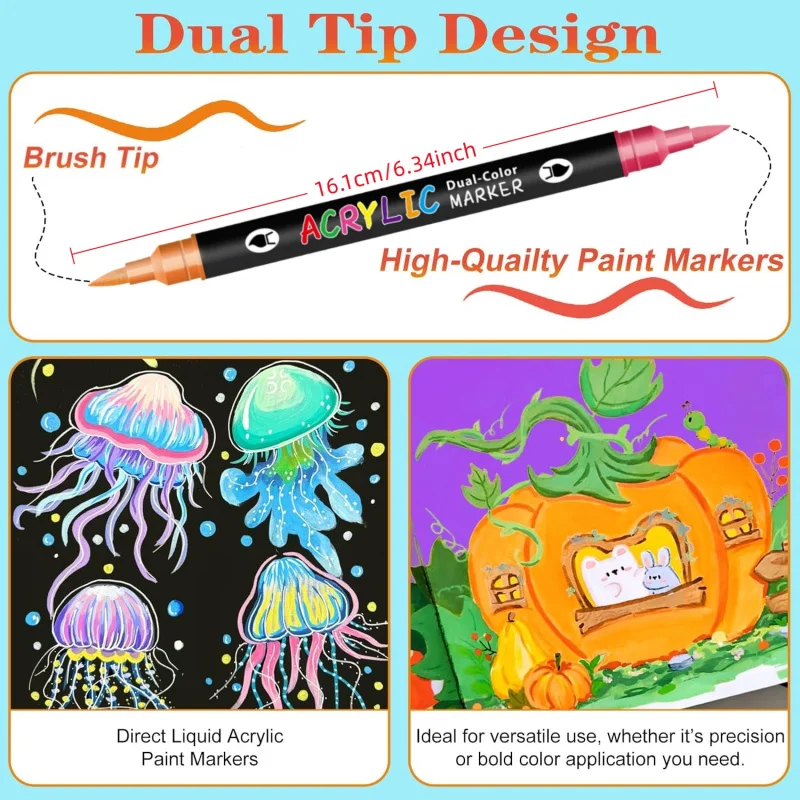 Acrylic Paint Markers, Dual tips Dual Color Acrylic Paint Pens for Rock Painting, Canvas, Wood, Glass, Ceramic, Fabric, Plastic