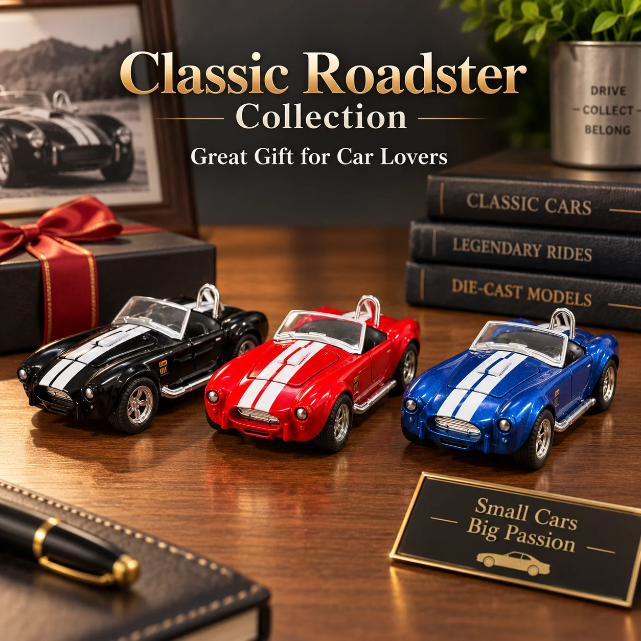 MQUDUO 1:36 Classic Convertible Car Model, Die Cast Alloy Roadster with Racing Stripes, Pull Back Function and Opening Hood