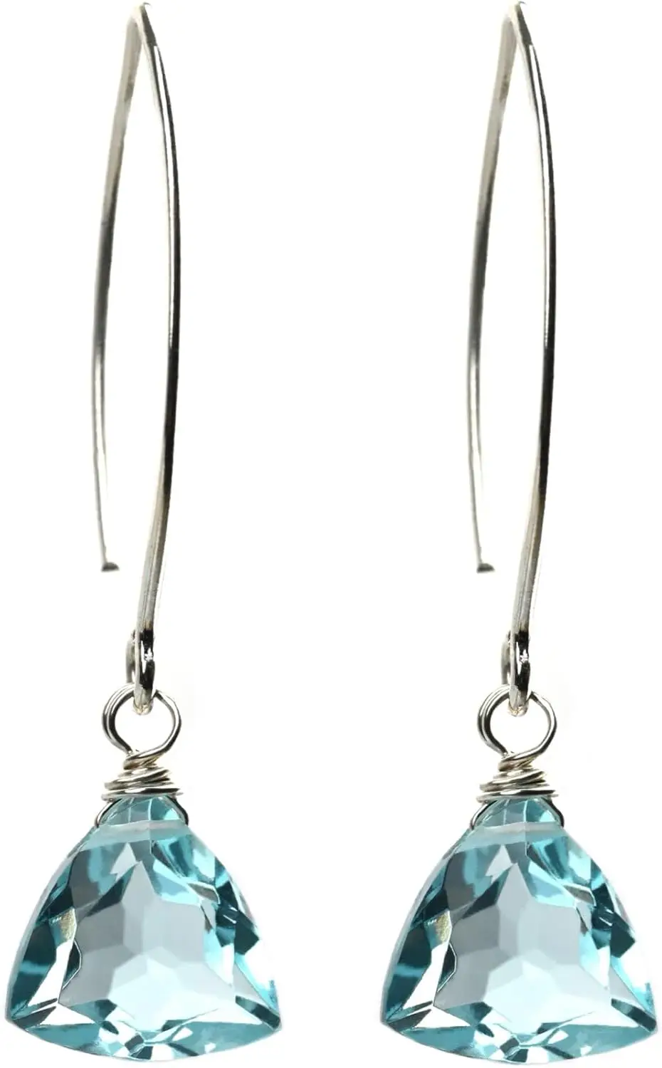 Handmade Dangle Earrings for Women - Aquamarine Blue Quartz Sterling Silver in Gift Box - Sparkly Blue Quartz Trillion - Lightweight Dangling - Trendy Long Dangly Drop Handcrafted