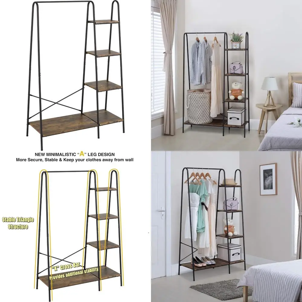 Finnhomy Rustic Clothes Rack, Clothing Rack for Hanging Clothes Heavy Duty Garment Rack with 5 Wood Shelves Freestanding Portabl