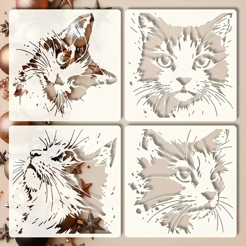 Cat Painting Stencils 4Pcs Set Reusable Hollow Kitten Pattern Molds for Wall Art Home Craft Projects DIY Decor