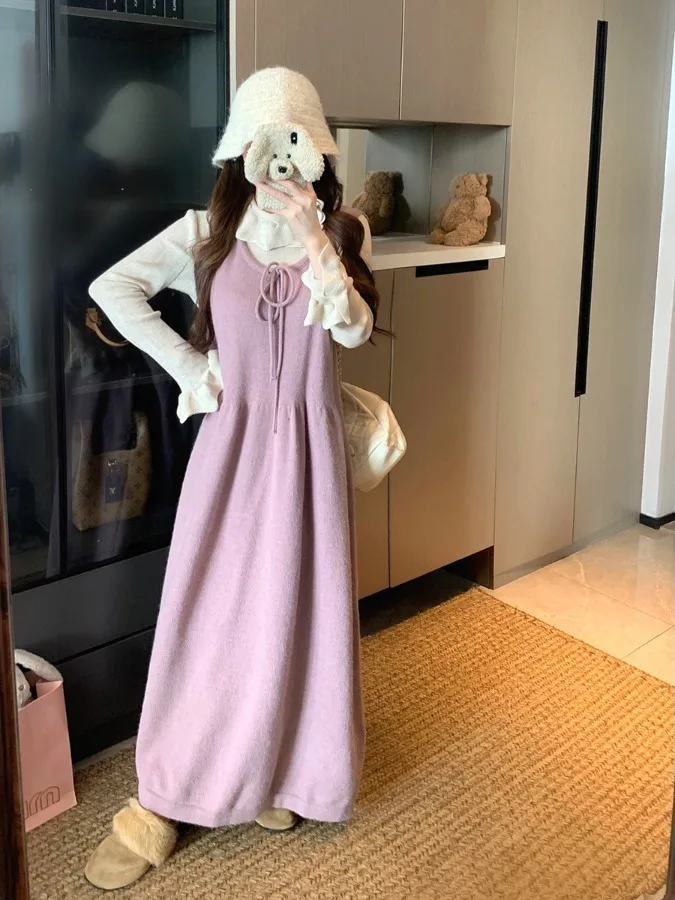 

Sweet Knitted Set Women's Autumn Winter New Korean Style Versatile Ruffle Underwear Sweater Knitted Vest Dress plus Size