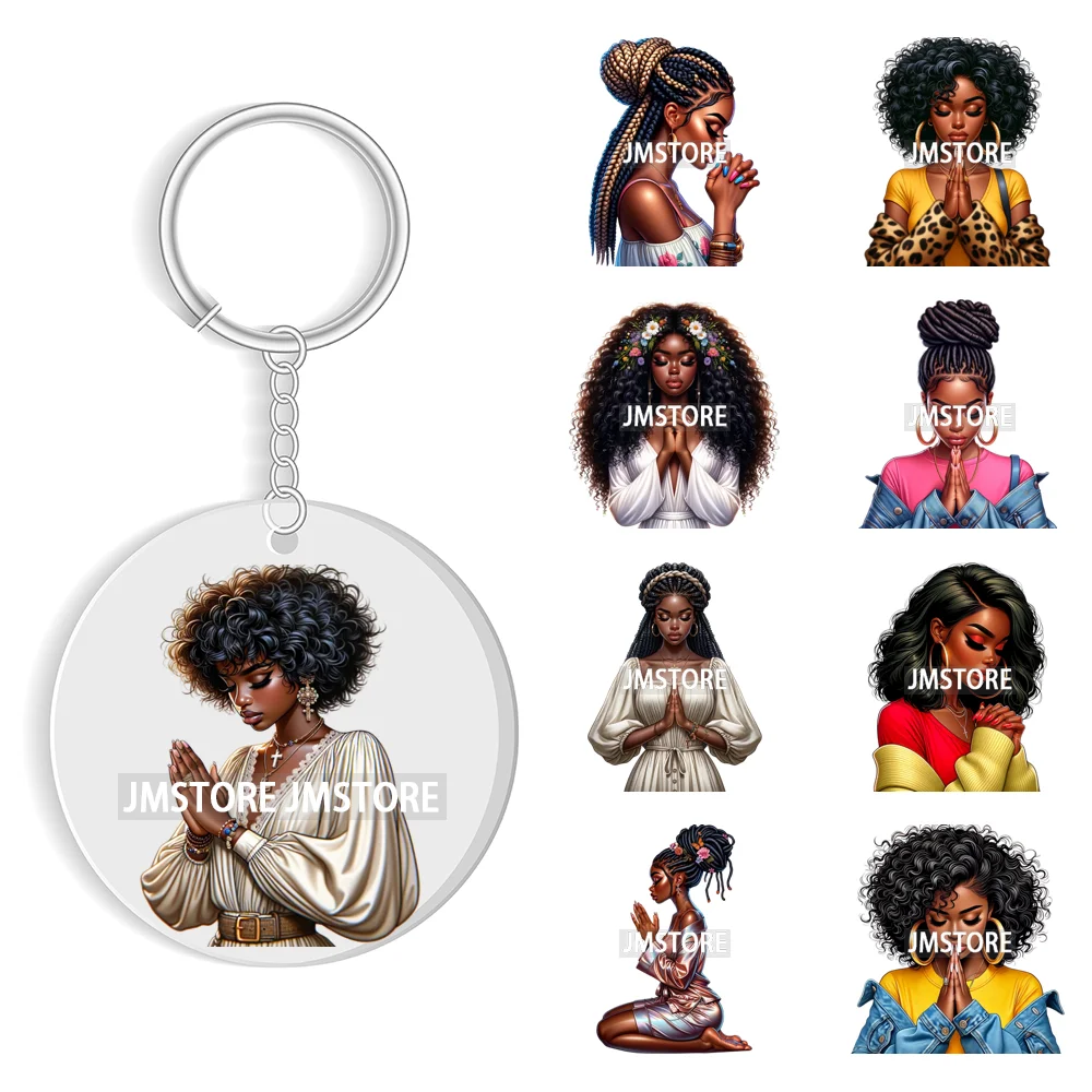 Christian Jesus God Pray Afro Girl UV DTF Decal Round Keychain Ready To Apply WaterProof Transfer Stickers For Circle Keychain