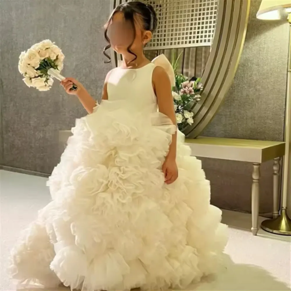 

Luxury Flower Girl Wedding Dress Velvet Sleeveless Backless with Bow Puffy Princess Birthday First Communion Gown Customized