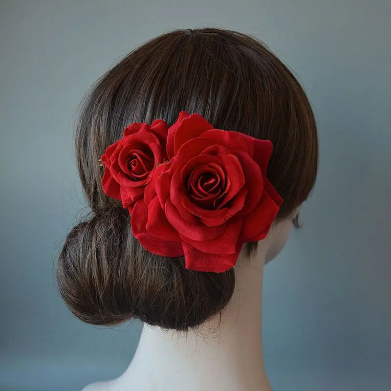 Pinza grande para el pelo de flor roja burdeos para boda, tocado para fiesta, accesorios para el cabello de novia para dama de honor, horquilla rosa granate