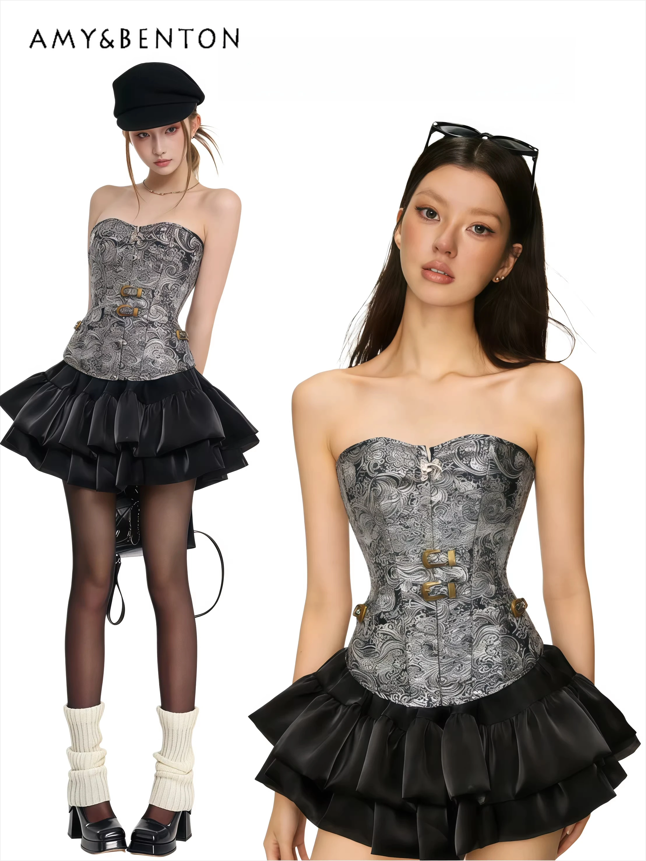 

2026 Summer New Women's Court Style Gothic Silver Steel Buckle Lace Up Bandage Slim Fit Fashion Party Short Tube Top