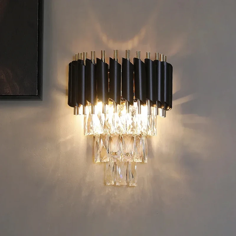 

Light Luxury Wrought Iron K9 Crystal Wall Lamp, Luxurious High-end Living Room Light Corridor Stairs Wall Decor