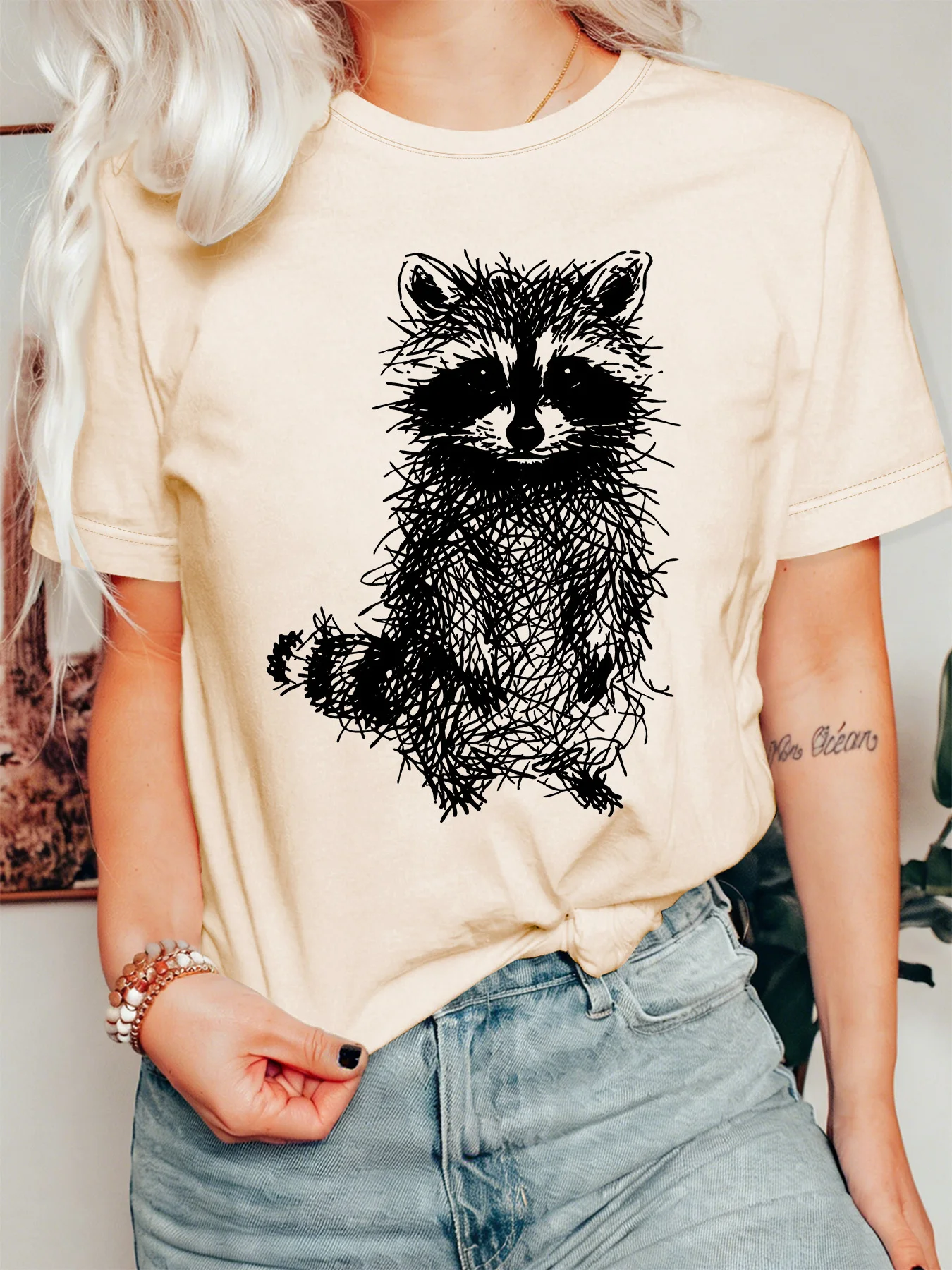 Sketch Style Raccoon Art Print Womens Crew Neck Short Sleeve T Shirt Abstract Wild Animal Casual Graphic Tees For Ladies