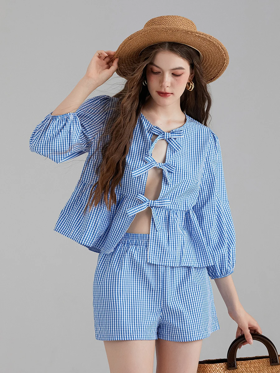 

Women Tie Front 2 Piece Pajamas Set Y2K Puff Sleeve Plaid Babydoll Shirt and Shorts Lounge Pj Set Summer Outfits