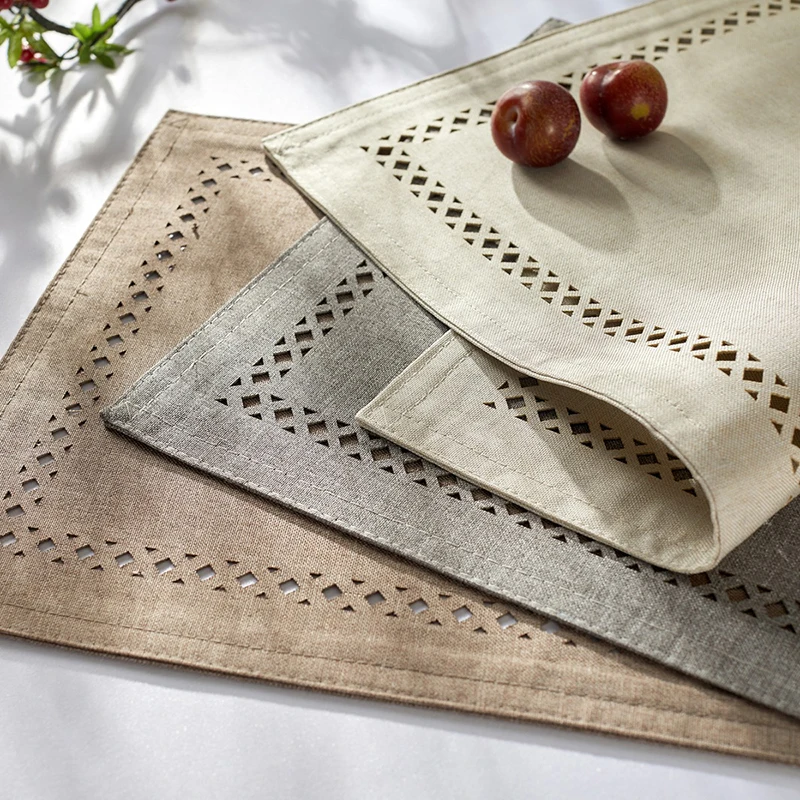 Flax Square Hollow Embroidered Placemat Heat-Insulating Non-Slip Dining Table Mat for Hotel Nordic 45X33Cm Solid Tableware Mats