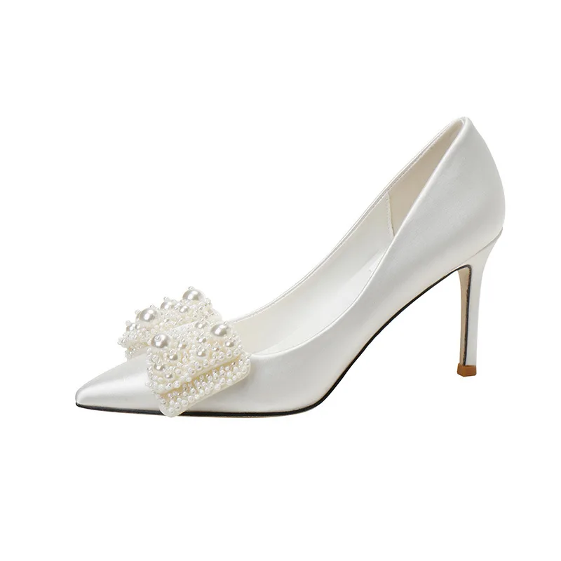 32-43 Bow High Heels Women White Wedding Shoes Bridesmaid Dress Banquet Pointed Shoes Stiletto White Heels