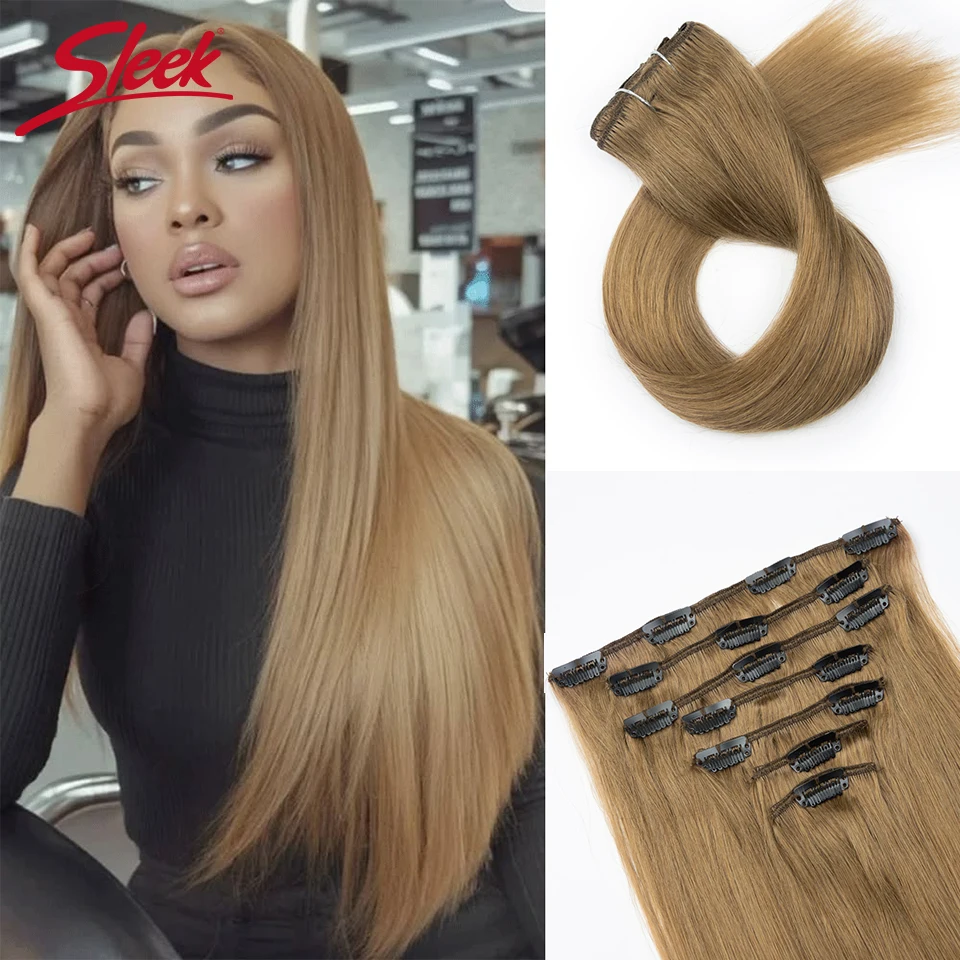 Sleek Straight Clip in 7pcs/Pack  Human Hair Extensions #8 Highlight Blonde 613 Color Clip in Extensions Salon-Grade Quality