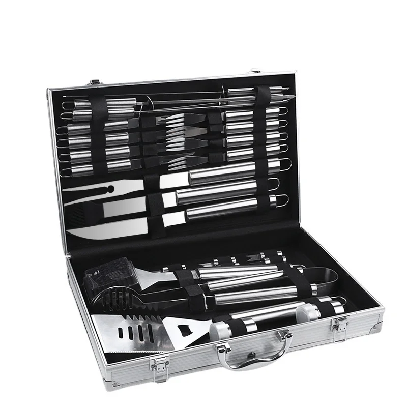 Stainless Steel Barbecue Tool Set, Outdoor Camping and Cooking with Portable Aluminum Box