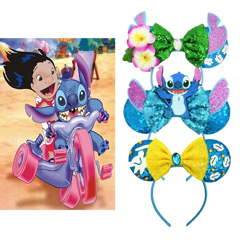 Lilo Stitch Mickey Mouse uszy opaski damskie Party akcesoria do włosów opaska z motywem kreskówkowym dla dziewczynek dzieci cekinowa kokardka opaska do włosów