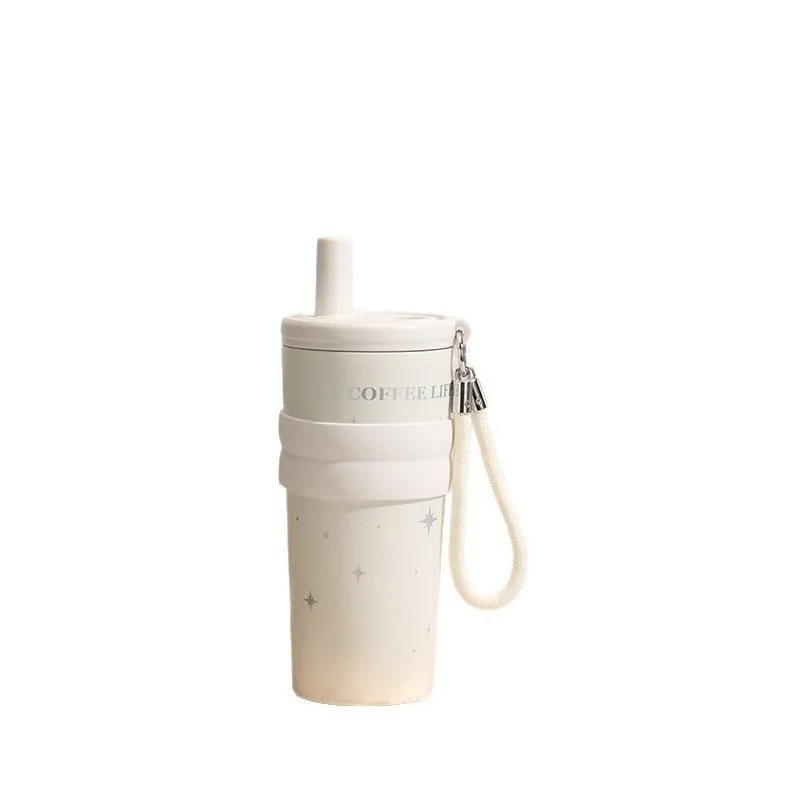 316 Stainless Steel Coffee Tumbler Large Capacity With Straw Lid Lanyard Portable Car Travel Mug