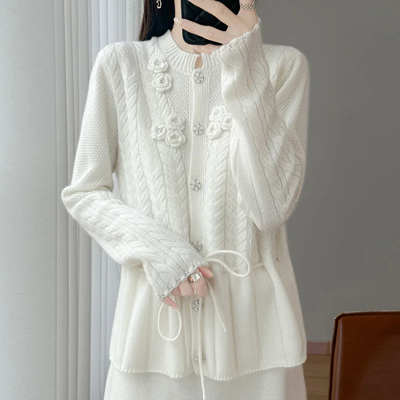 Autumn And Winter Round Neck Wool Tether Knit Cardigan Long Sleeve Waist Loose Twist Sweater Long Sleeve Coat