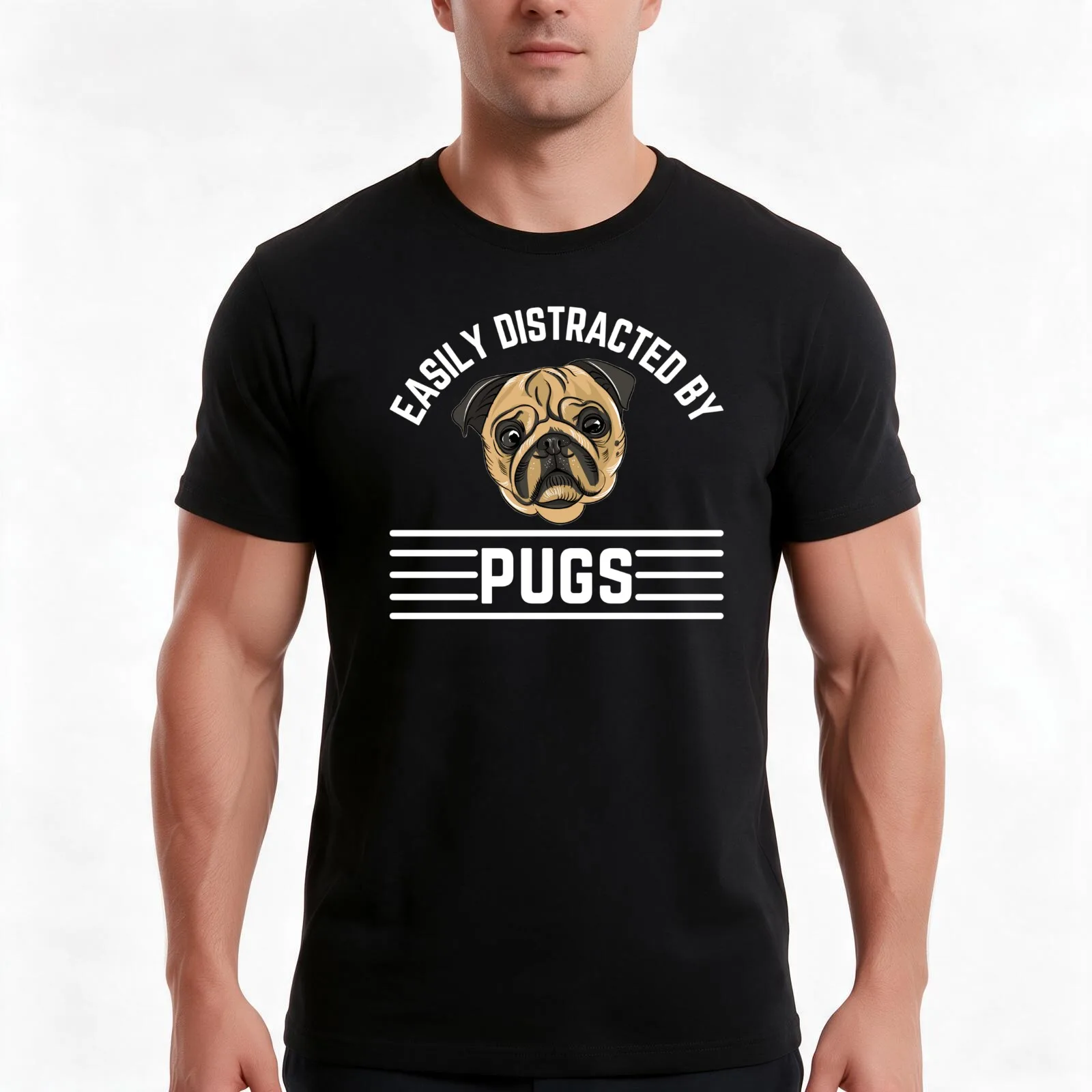 Easily Distracted By Pugs T-Shirt, Summer Casual Cotton Tee, Oversized Streetwear Tops, Vintage Graphic Print, Unisex Men Women
