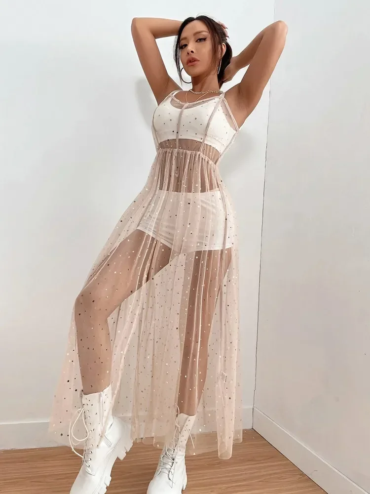فستان نسائي شفاف شبكي مزين بالترتر بدون أكمام فستان ميدي سبليت لقضاء العطلات ونادي الشاطئ فساتين صيفية مثيرة للسيدات