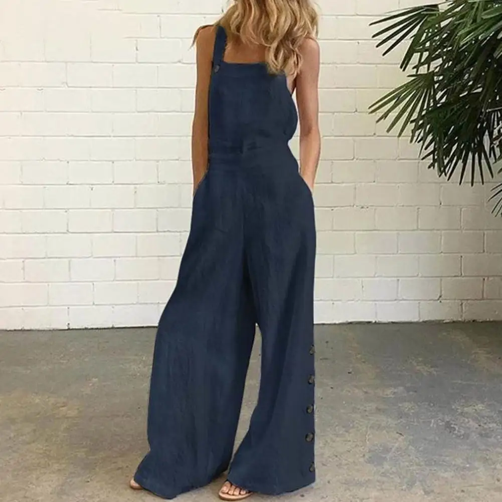 Summer  Sexy Sleeveless Rompers Women Jumpsuit Wide Leg Pockets Backless Loose Jumpsuit Overall Casual Loose Playsuit Streetwear