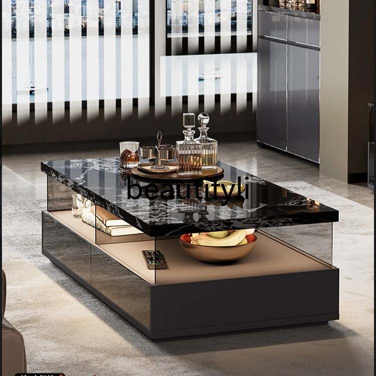 

Italian minimalist rock slab coffee table living room household black tea table high-end glass coffee table with lamp