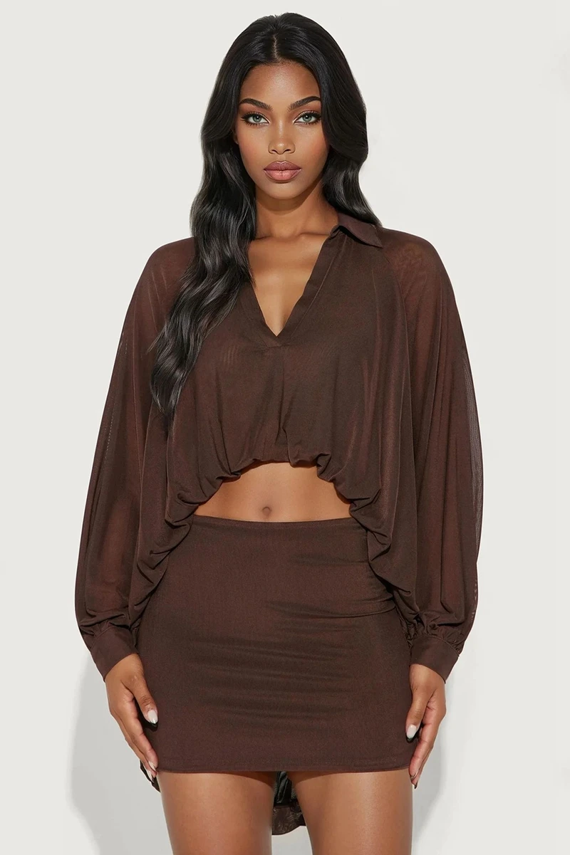 

STYLISH LADY Elegant OL 2 Piece Set Women Batwing Sleeve Asymmetrical Top and Mini Skirt Sets 2025 Autumn Party Solid Outfits