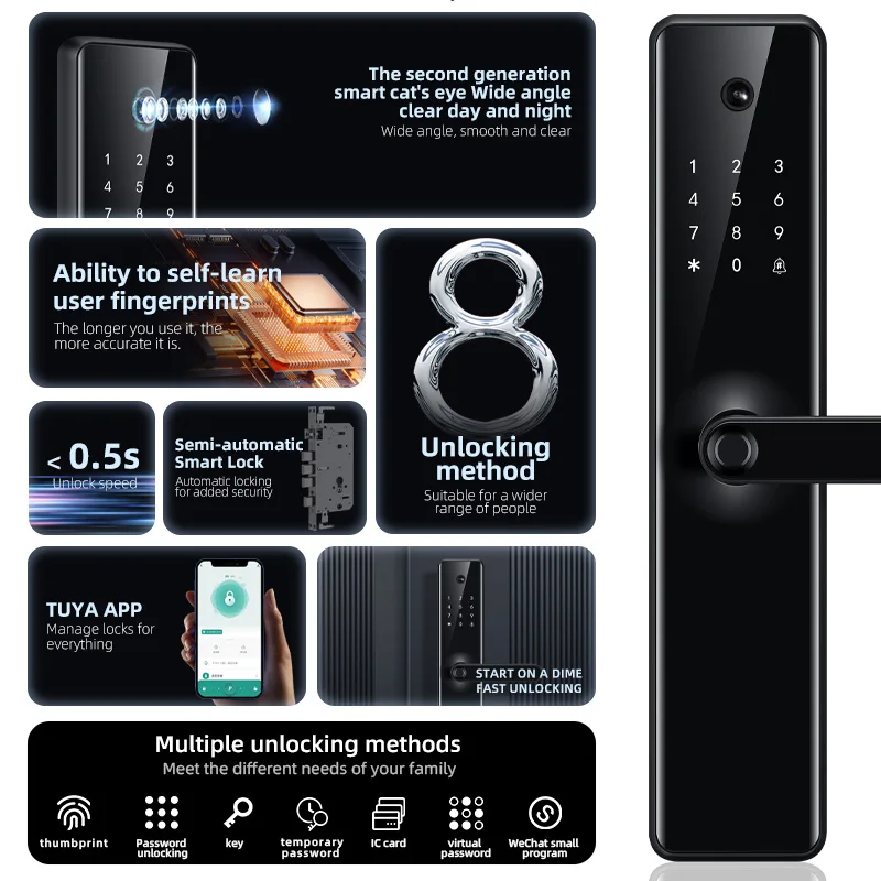 Supply Tuya Wifi Fingerprint Recognition Smart Door Lock Cat Eye Automatic Face Door Lock With Camera Capture Function