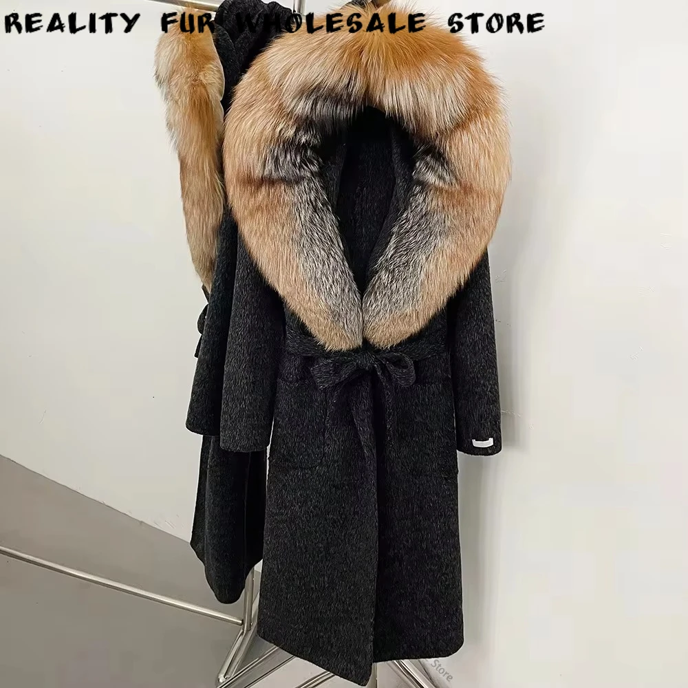 Women's Wool Coat Long Belted Wool Jacket with Fur Collar Self Tie Bow Warm Winter Luxury Elegant Old Money for Office Wear