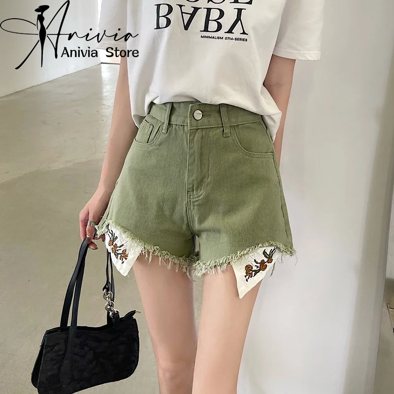 

Anivia New Summer Women High Waist Button Wigh Leg Raw edge Jeans Shorts Retro Y2K Casual Female Green Loose Fit Denim Shorts