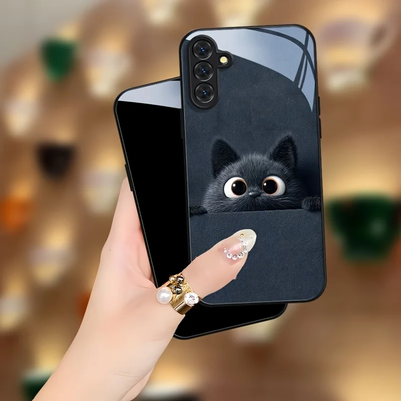Cartoon black cat pattern glass phone case suitable for Samsung Galaxy S26 S25 S24 S22 S21 S20 FE/Ultra/Plus hard case