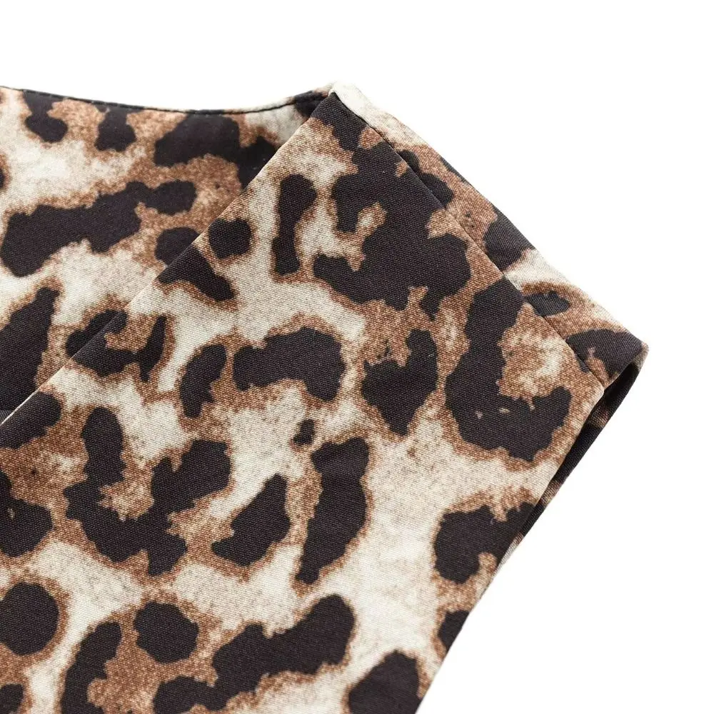 Chaleco de leopardo elegante a la moda, Tops sin mangas con cuello en V y botones frontales, chaqueta corta de verano con dobladillo en forma de V doble de un solo pecho para mujer