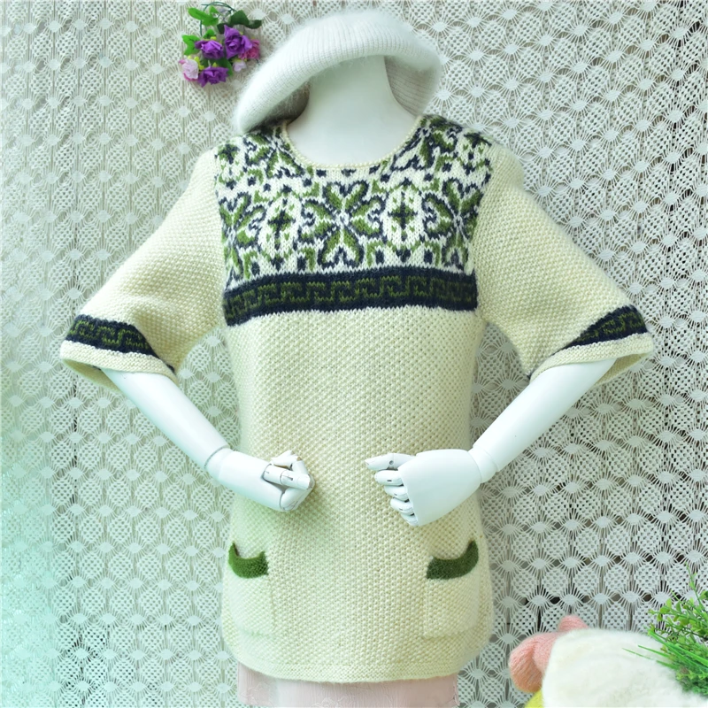 Women Vintage Fair Isle Mohair Sweater Mid Sleeve Tunic Dress Ethnic Floral Jacquard Knit Top With Pockets Soft Loose Warm Winte
