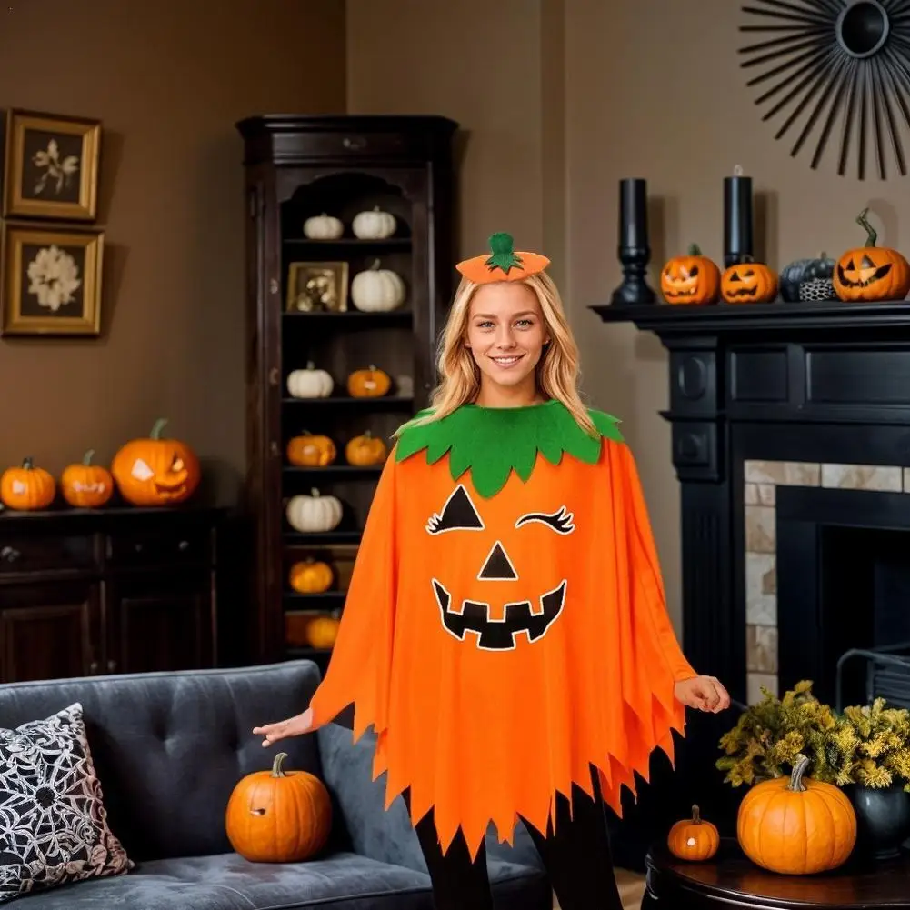 

Luminous Halloween Costume Set with Pumpkin Cloak Shoulder And Hat for Adults And Kids Party Dress up Cosplay Costum