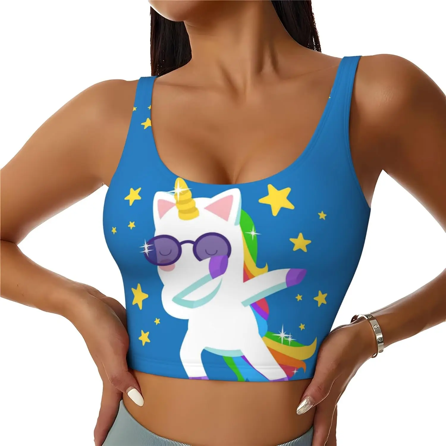 Cool Unicorn Star Golden Pattern Womens Sports Bras Yoga Workout Crop Top with Removable Pads