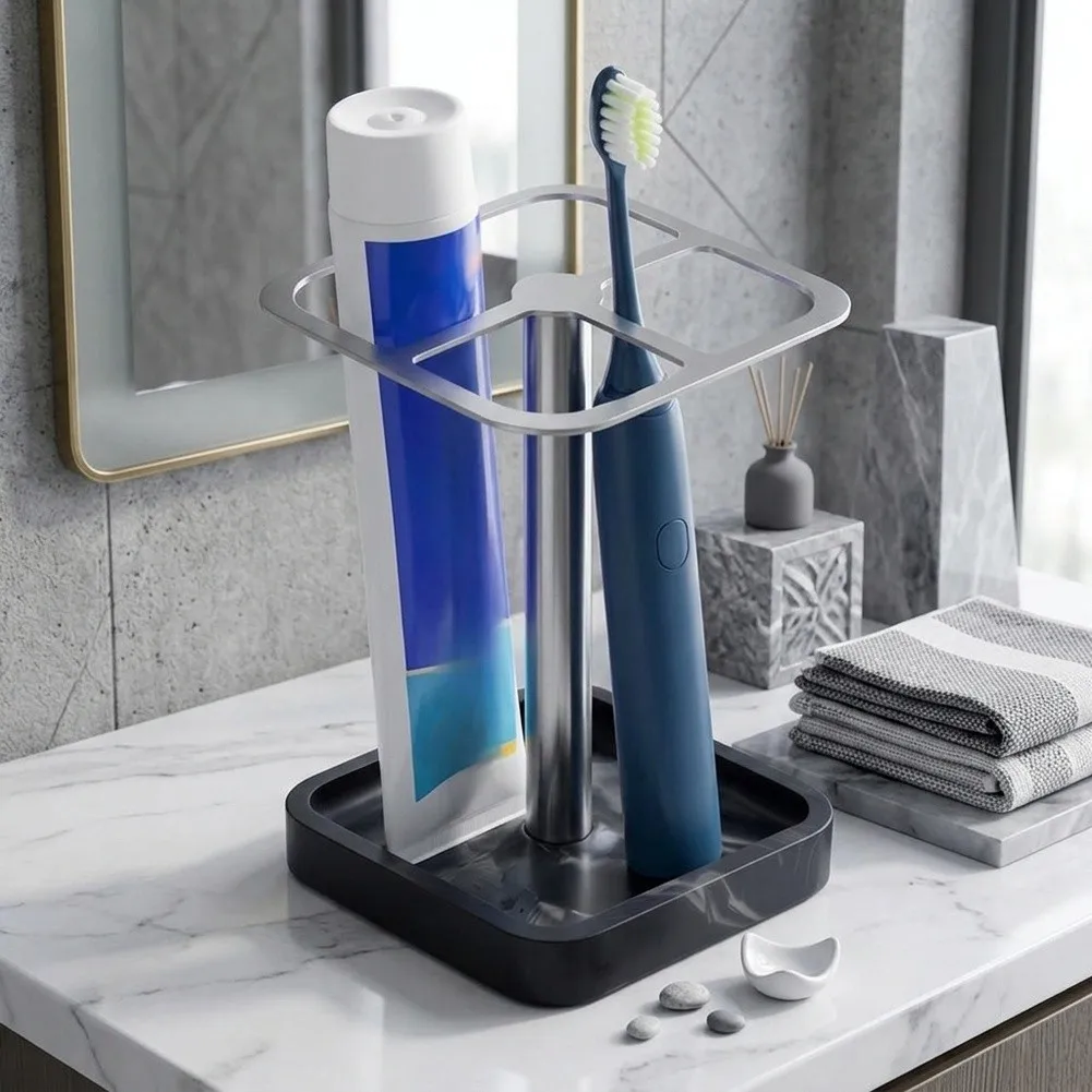 Modern Resin Toothbrush Holder Stand with 304 Stainless Steel Support for Electric Toothbrush and Essentials Organization