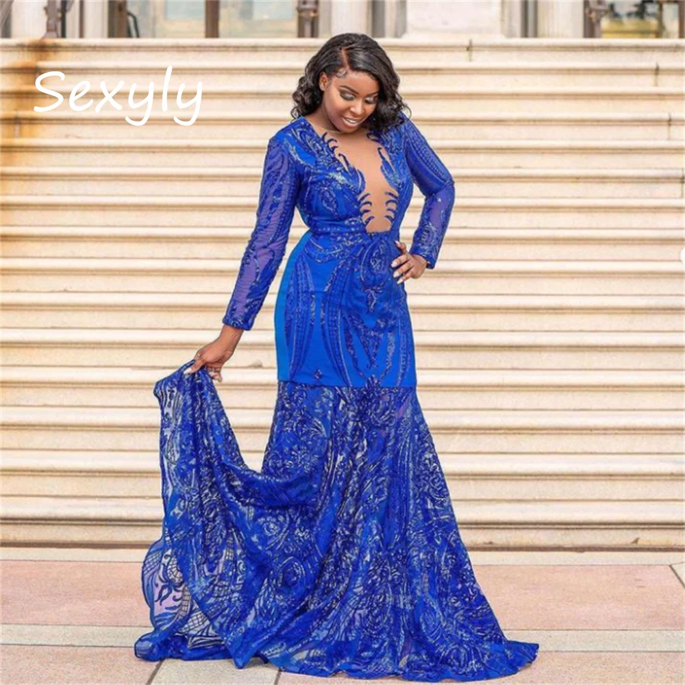 

Luxury Blue Evening Dress Long Sleeve Sequin Black Girls Prom Dresses Sparkly Mermaid Formal Occassion Birthday Gown Customized