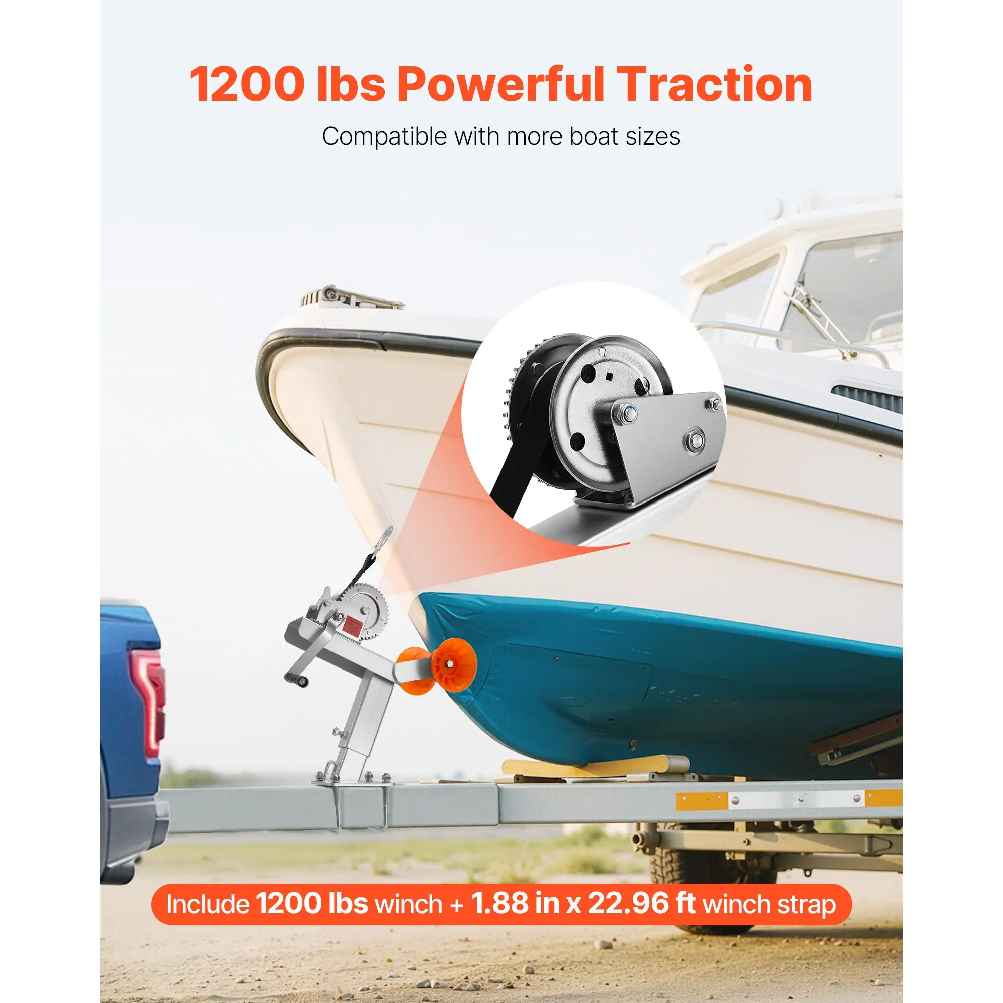 Boat Trailer Winch Stand with Roller, 1200 lbs & 2 in x 25 ft Strap, Mount U-Bolt for 2-3 Inches W x 3-4 Inches H Tongue, Fit