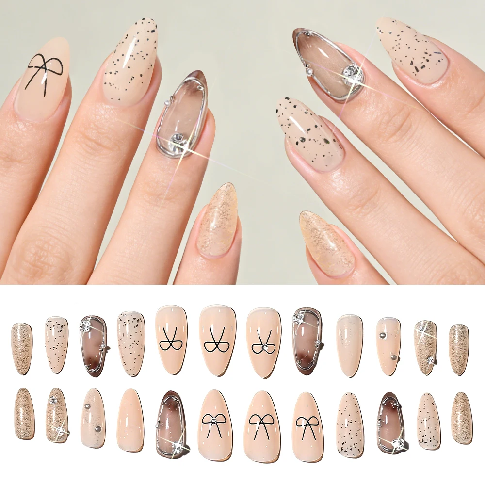 24Pcs French Silver Frame Black Bow Nude Almond Press On Nail Glossy Broken Diamond Almond Fake Nail Summer Almond False Nail