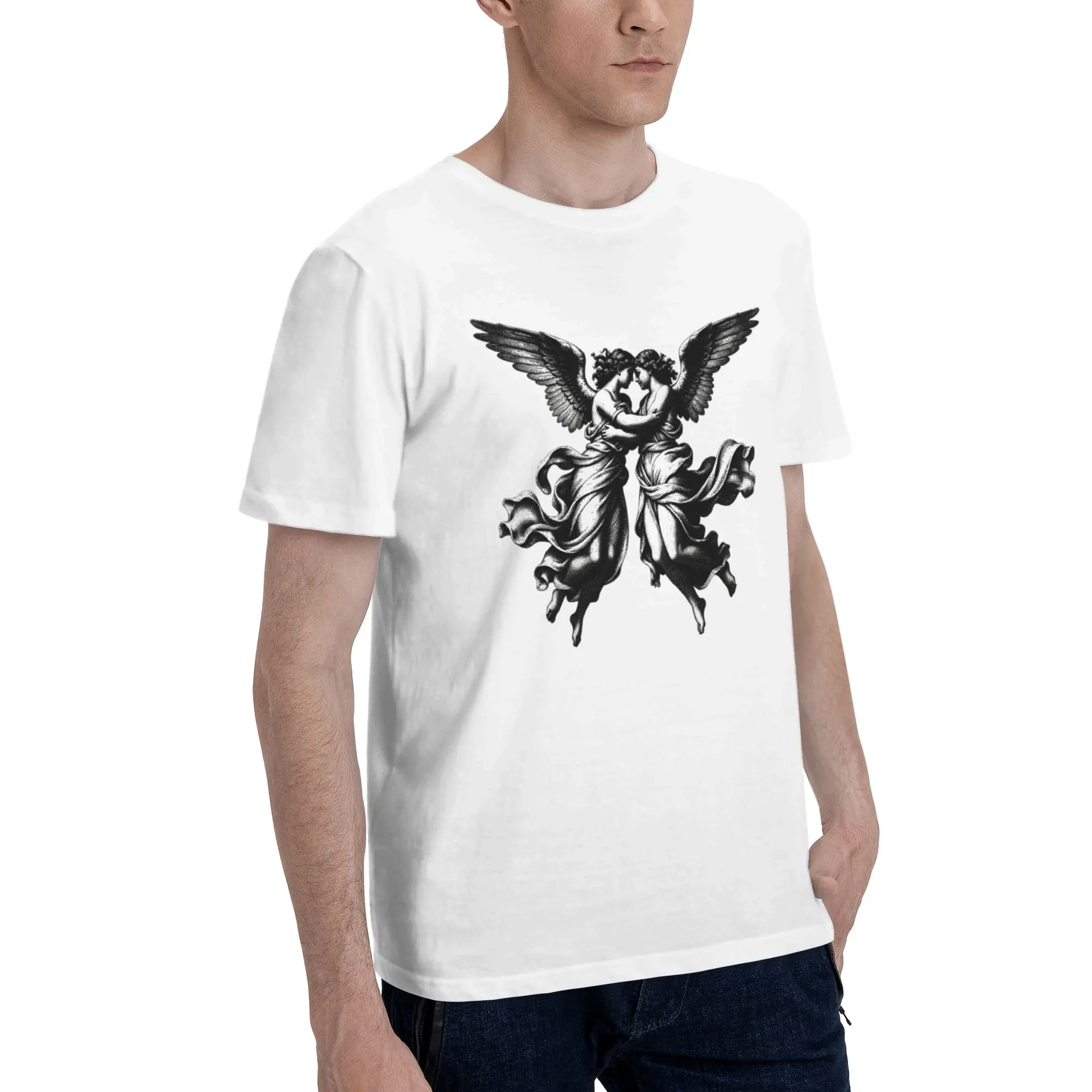 Two Angels Vintage Engraving Black White Art Men's T Shirt  Cool Tee Shirt Short Sleeve O Neck 100% Cotton Gift Idea Clothing