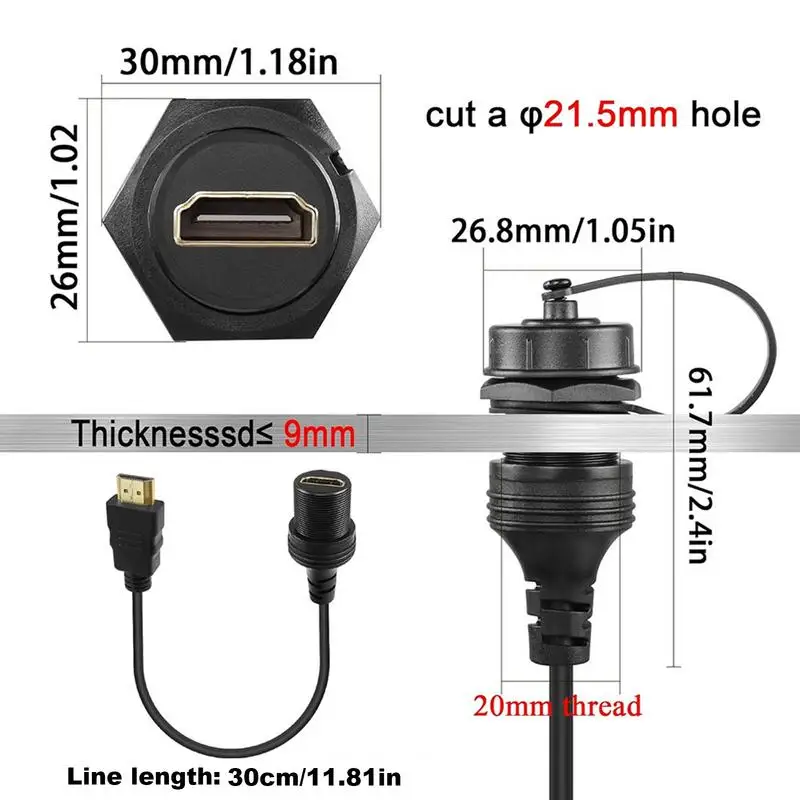 Male To Female Extension Cord HDMI Threaded Fixed Mount Car Display Waterproof Cord With Dust Cover Dash Installation For Truck