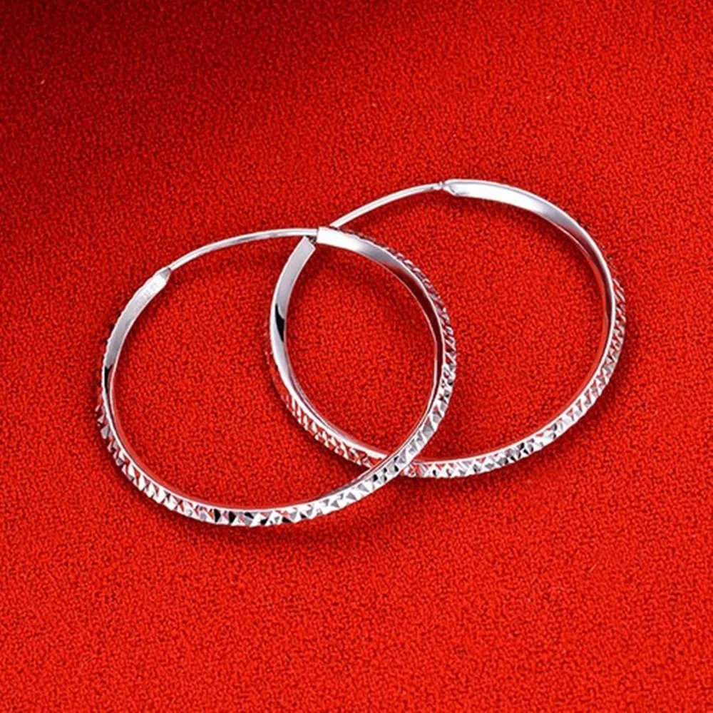 Real Pure Platinum 950 Hoop Women Gift Bless Lucky Carved Circle Earrings 3.7g 