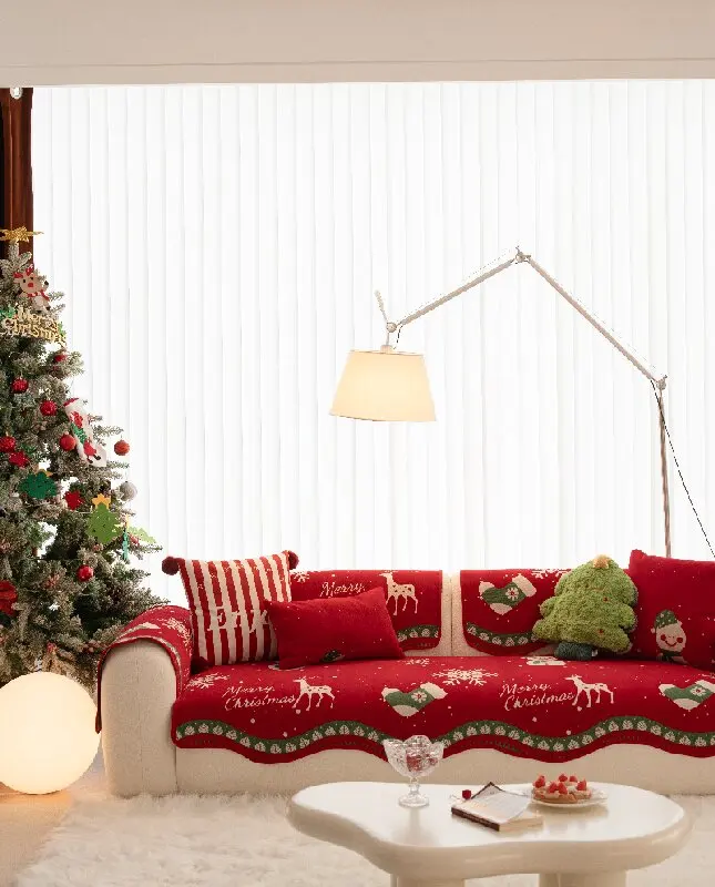 Christmas Panda Sofa Cover Towel Chenille Cushion Cover with LOVE Hearts Red Festive Throw Blanket for Couch Xmas Home Decor