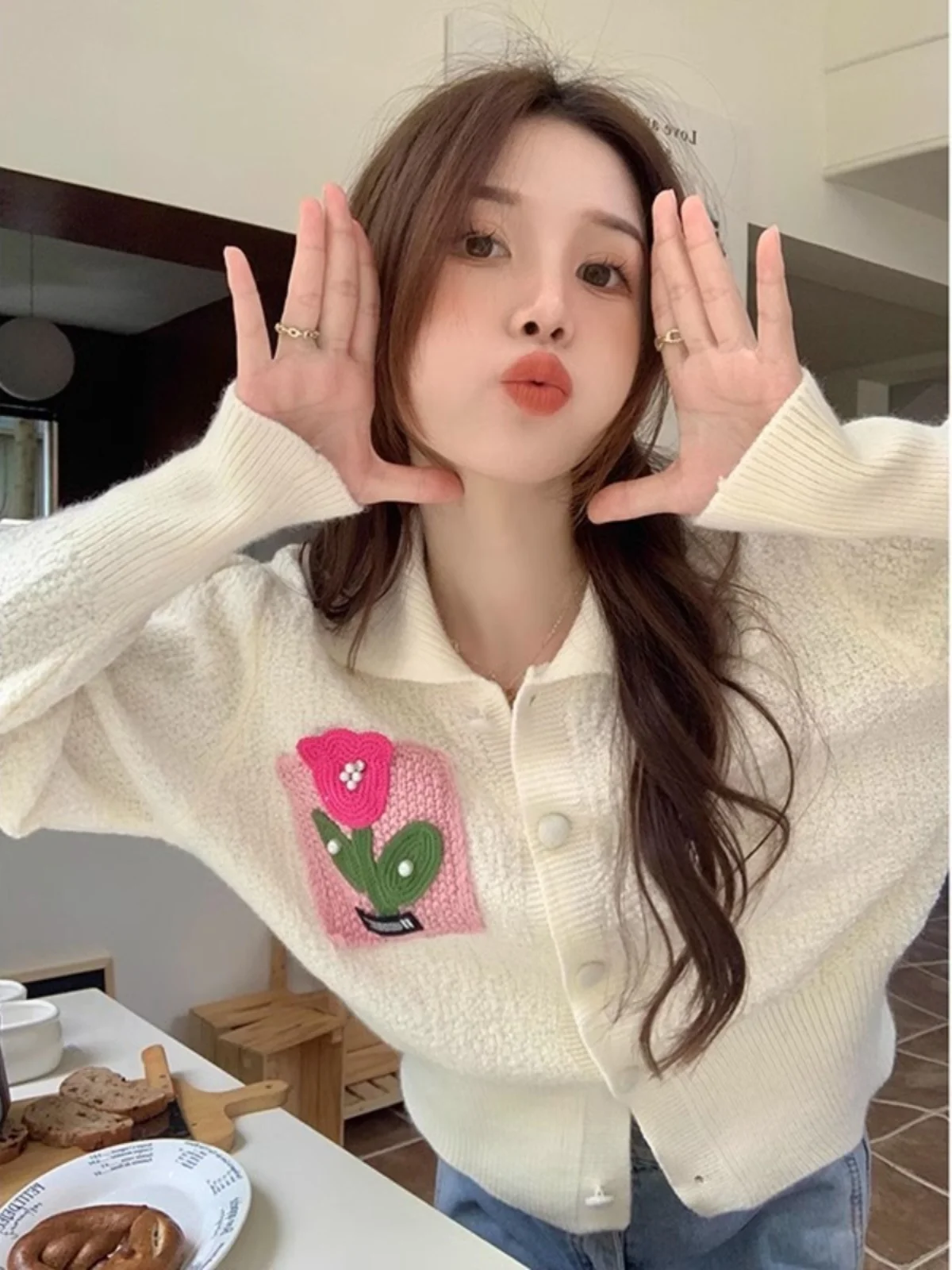 

Sweet Sle Long Sve Knitted Sweater Women's Spring Autumn 2024 New Design Collar ort Top Pearl Embellied Cotton 00%