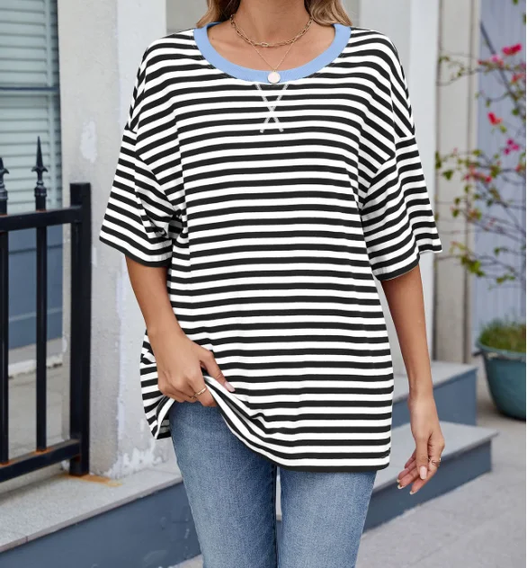 T-Shirt coupe ample pour femmes, rayé, contraste, col rond, demi-manches, haut quotidien décontracté, adapté à diverses tenues assorties