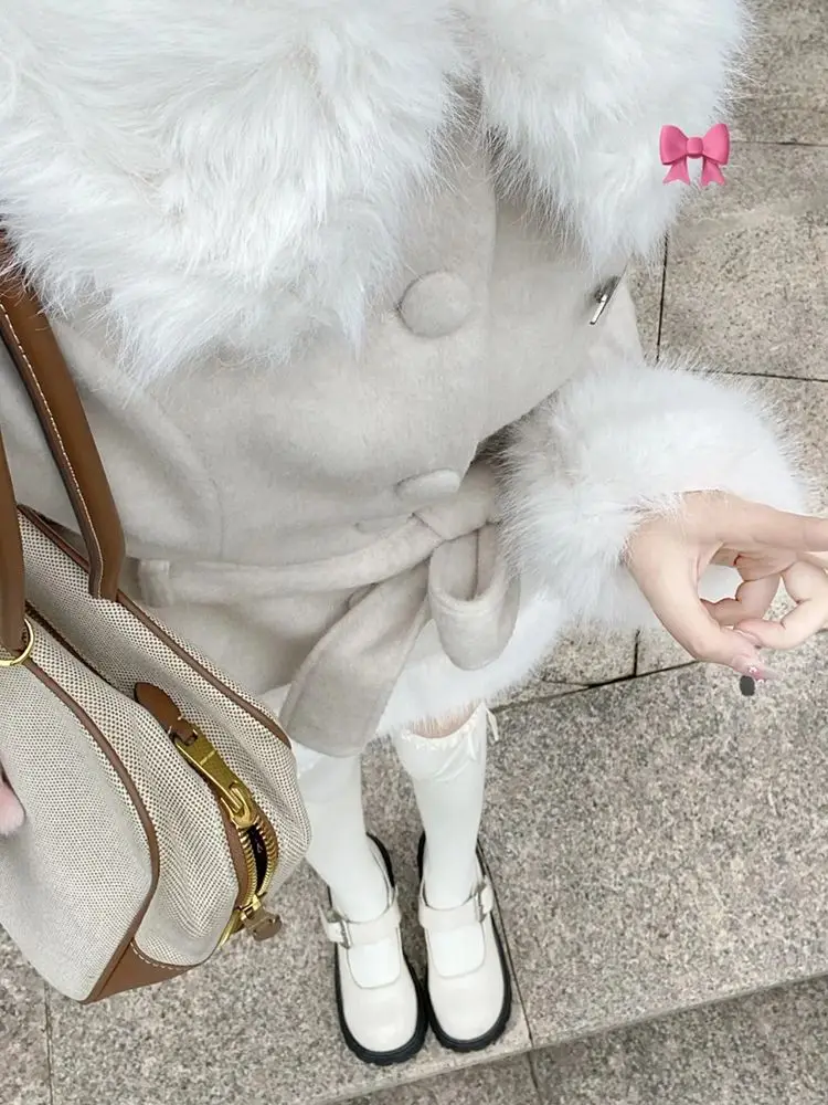 Korean Elegant Princess 2 Piece Set Women Faux Fur Collar Bow Belt Slim Fit Wool Coat High Waist Bodycon Mini Skirt Winter Warm view 3