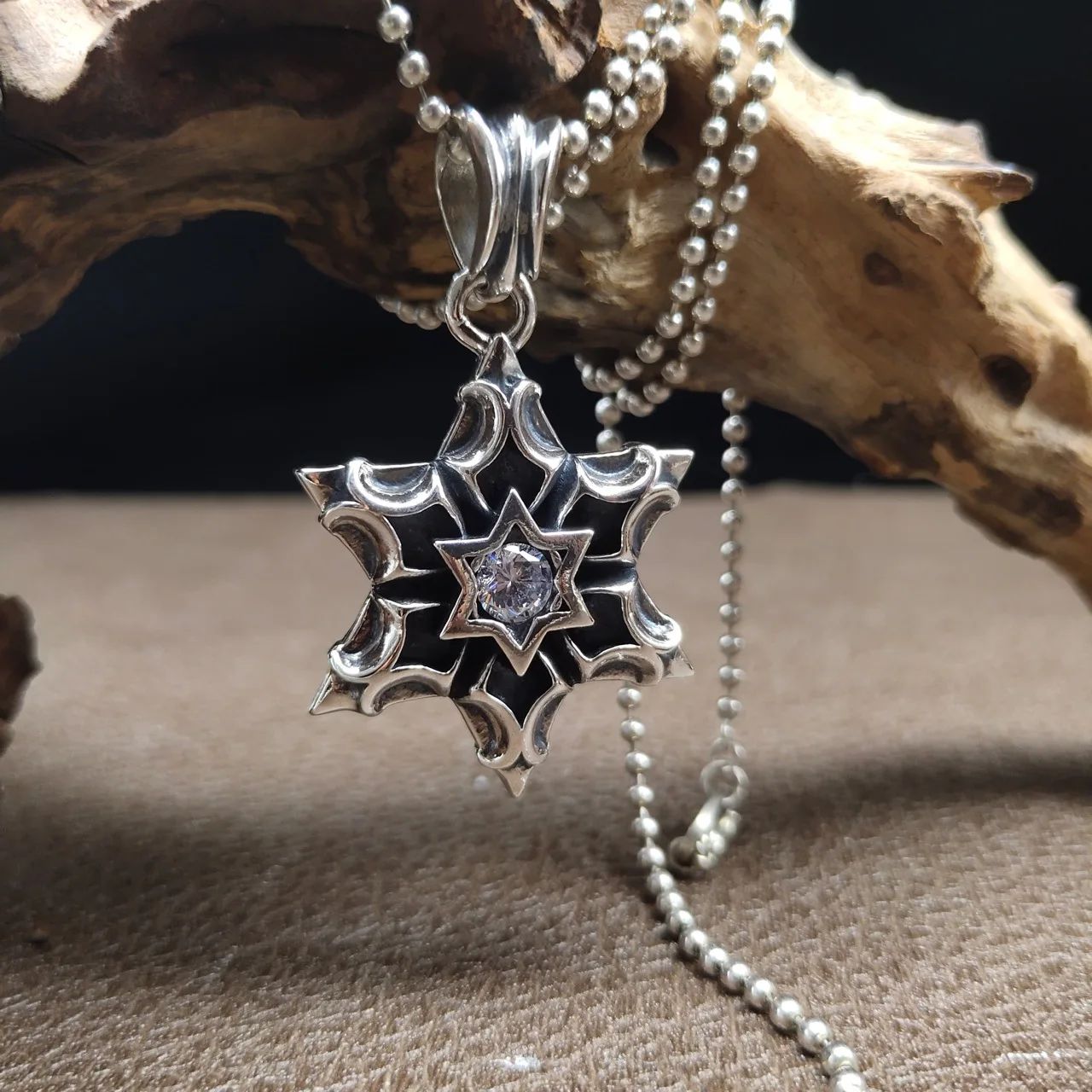 S925 stylishfashion street hip hop punk gothic six-pointed star men and women dark fashionable brand silver pendant necklace