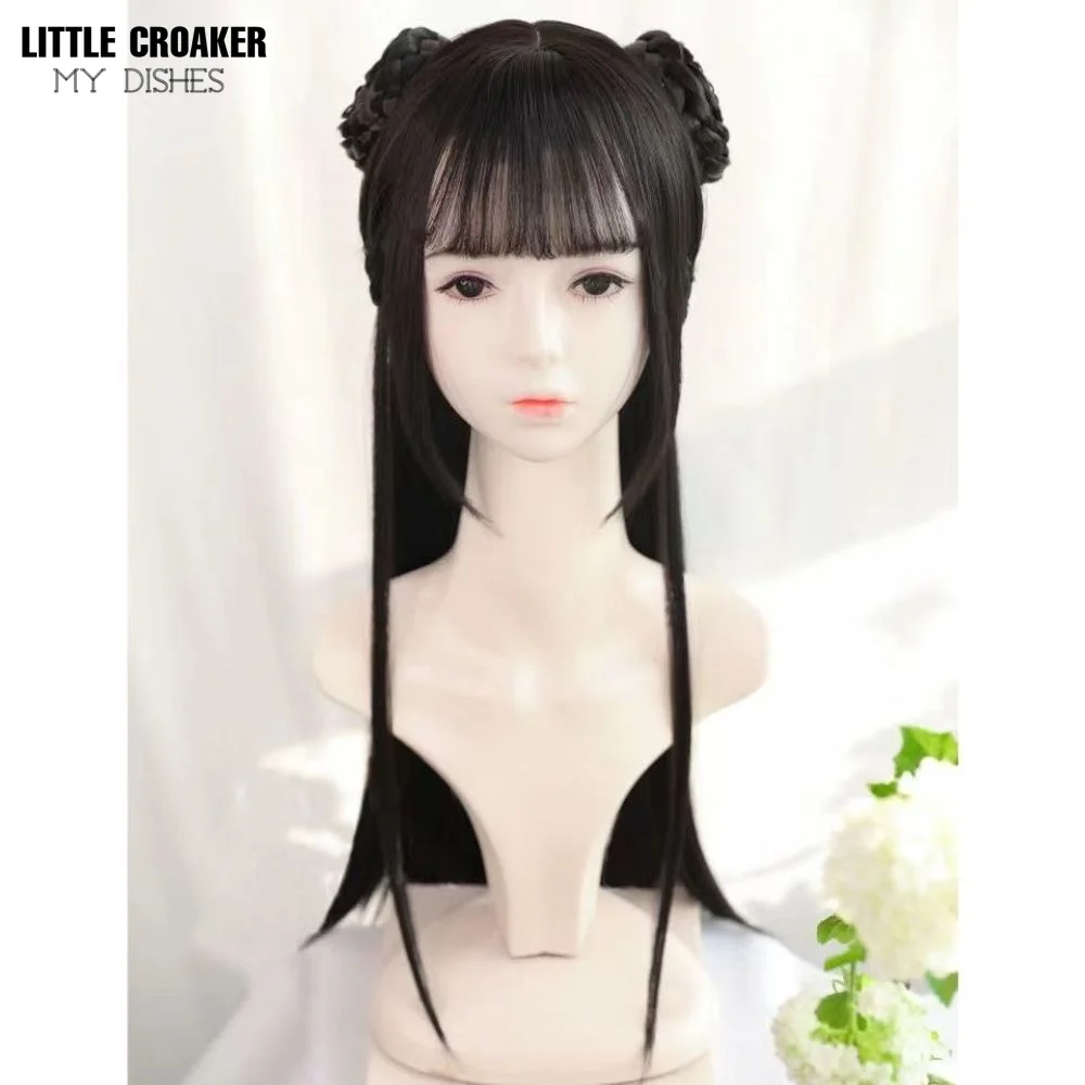Braided Bun with Neat Bangs Vintage Wigs for Women Han Dynasty Ancient Style Wig Chinese Ancient Girl Cosplay Costume