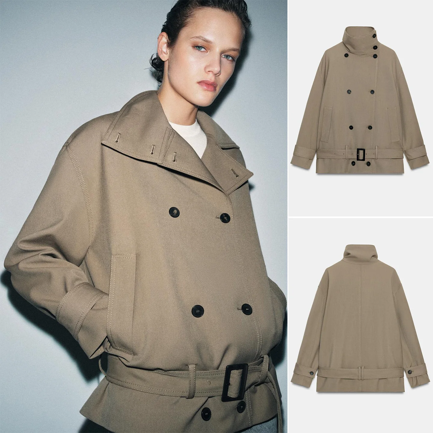 

Spring New Arrival Women's Casual High Collar Long Sve Jaet with Metal Bule Waist Belt Adjustable Polyester Fiber