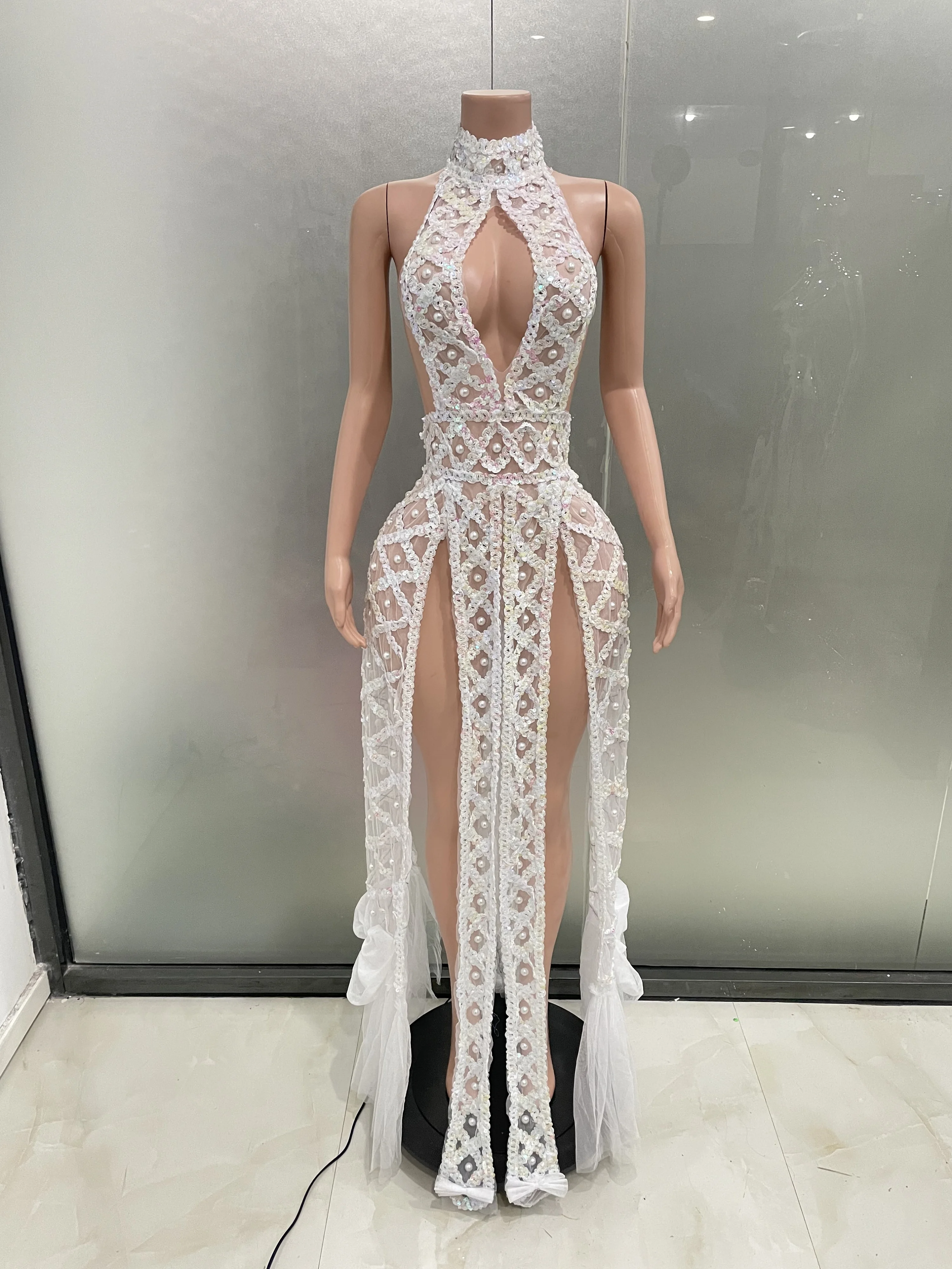 Women Mesh Sequins Pearl White Hollowed-Out Backless Dress Sexy Night Queen Party Drag Dance Costume Club Carnival Stage Wear